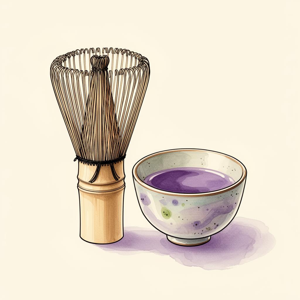 Ilustración de chasen de bambú junto a un cuenco con concentrado de ube