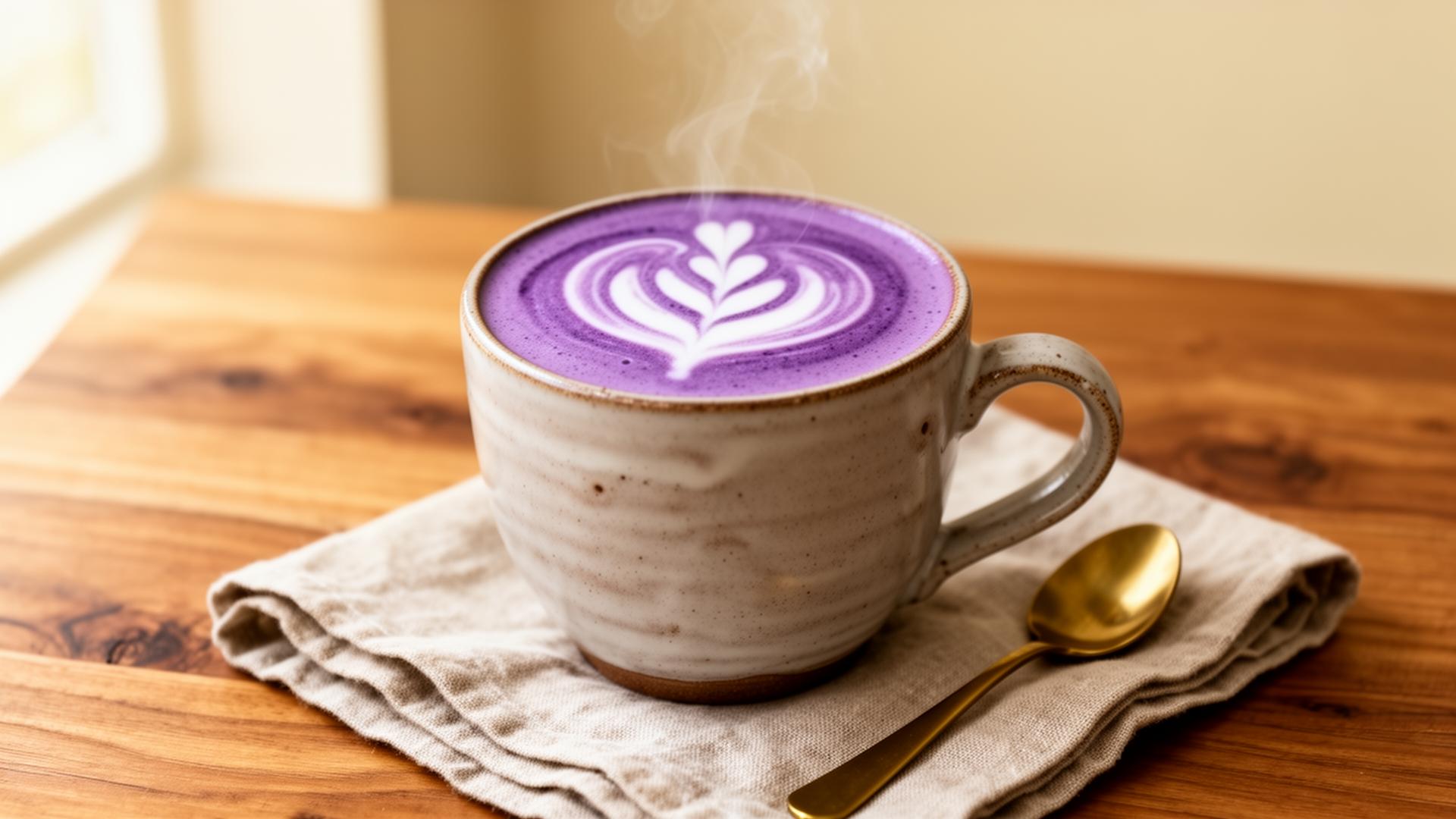 Ube latte premium servido en taza de cerámica